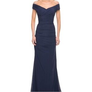 NWT La Femme Off the Shoulder Trumpet Formal Gown Navy Plus Size 18